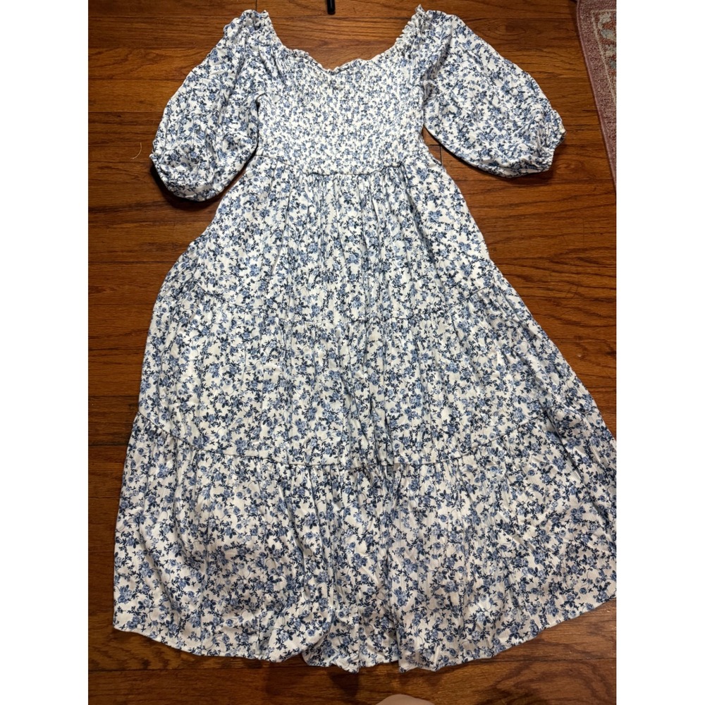 Floral Smocked Midi Dress Blue White Puff Sleeve Tiered Cottagecore Boho